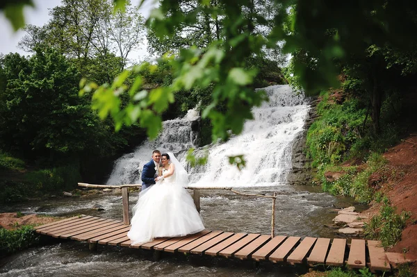 Beautiful wedding couple near waterfall — Stock Photo, Image