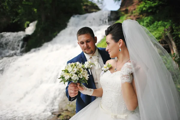 Beautiful wedding couple near waterfall — Stock Photo, Image