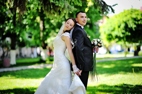 Γαμήλιο ζεύγος στο καταπράσινο πάρκο — Φωτογραφία Αρχείου