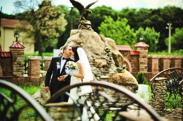 Kissing wedding couple at the background monument of eagle — Stock Photo, Image
