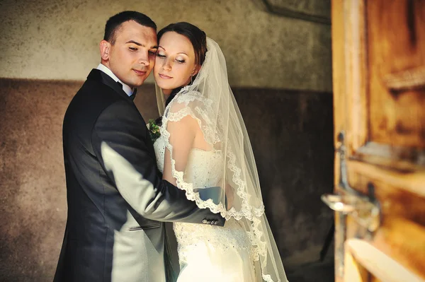 Belo casal de casamento e portas antigas — Fotografia de Stock