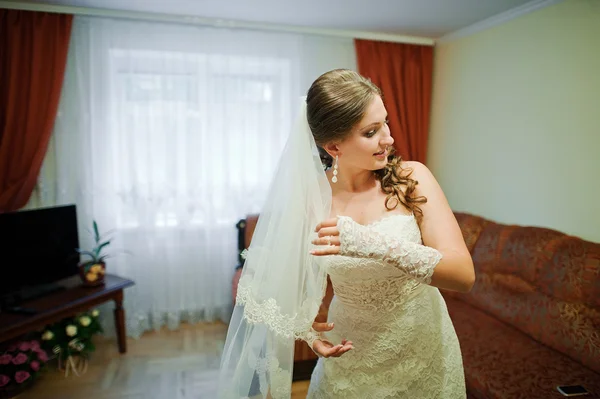 Happy bride on veil at the wedding day — Stok Foto