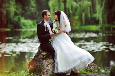 Married couple at the stones near lake clipart