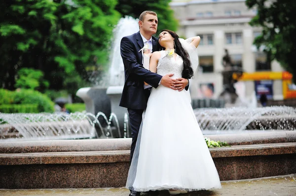 結婚式のカップルの背景の噴水 — ストック写真