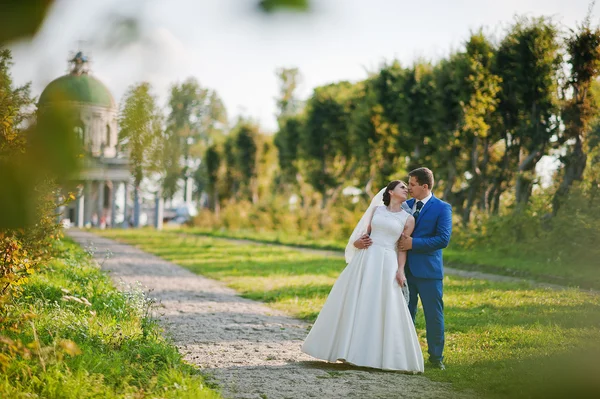 Jeune couple de mariage sur fond vieux château — Photo