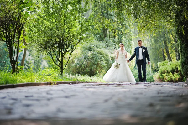 Vient de se marier amoureux marchant dans le parc — Photo