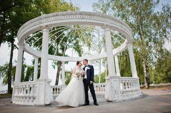 Casamento casal perto de casamento arco — Fotografia de Stock