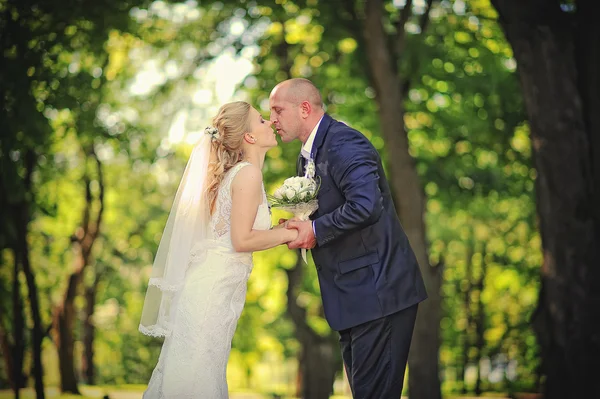 Appena sposati coppia che cammina in amore — Foto Stock