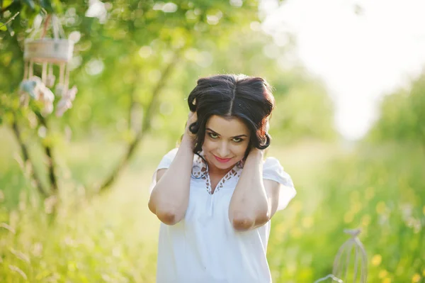 Buğday ve pop ile sahada hamile güzel esmer kadın — Stok fotoğraf