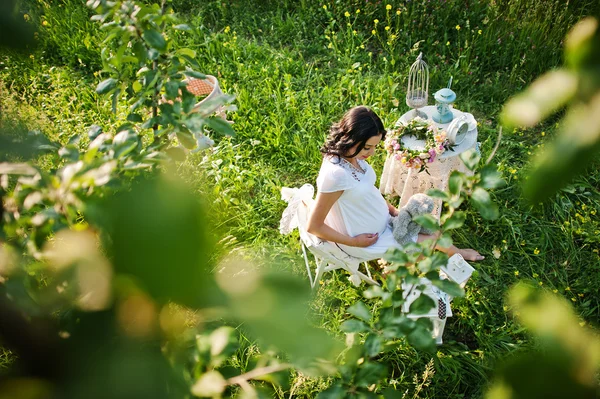 Buğday ve pop ile sahada hamile güzel esmer kadın — Stok fotoğraf