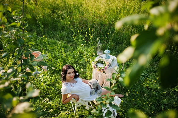 Embarazada hermosa morena mujer en el campo con trigo y pop —  Fotos de Stock