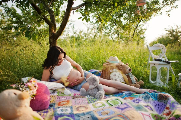 Pregnant gorgeous brunette woman on the field with wheat and pop — Stock Photo, Image