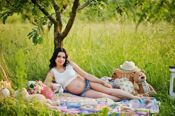 Incinta splendida donna bruna sul campo con grano e pop — Foto Stock