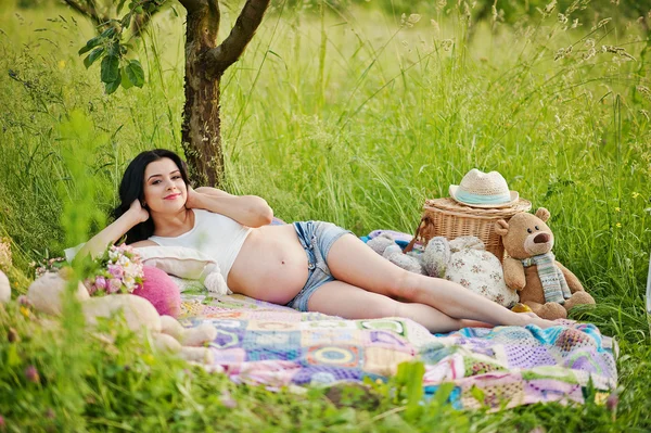 Pregnant gorgeous brunette woman on the field with wheat and pop — Stock Photo, Image