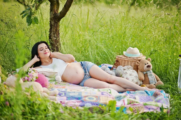 Schwangere wunderschöne brünette Frau auf dem Feld mit Weizen und Knall — Stockfoto