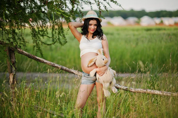 Grávida linda mulher morena no campo com trigo e pop — Fotografia de Stock