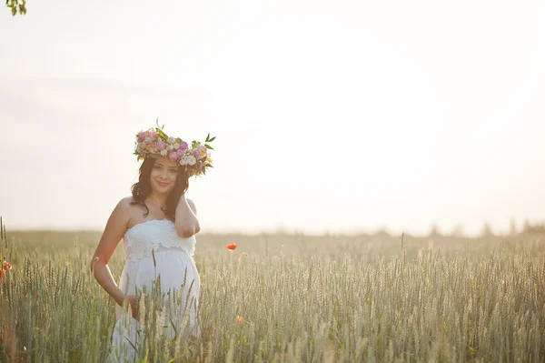 Gravid vackra brunett kvinna på fältet med vete och pop — Stockfoto