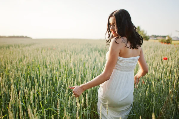 Embarazada hermosa morena mujer en el campo con trigo y pop —  Fotos de Stock