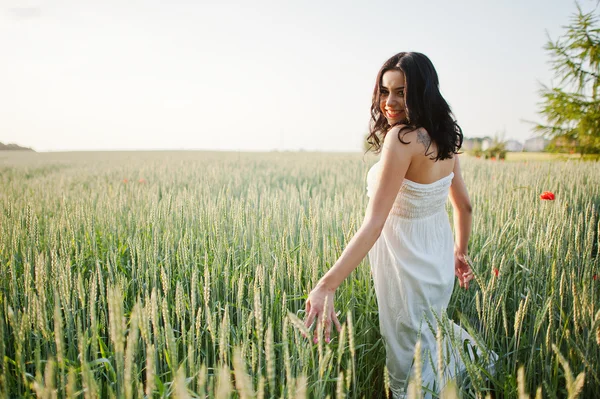 Беременная брюнетка на поле с пшеницей и газировкой — стоковое фото