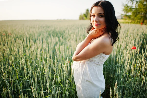 Grávida linda mulher morena no campo com trigo e pop — Fotografia de Stock