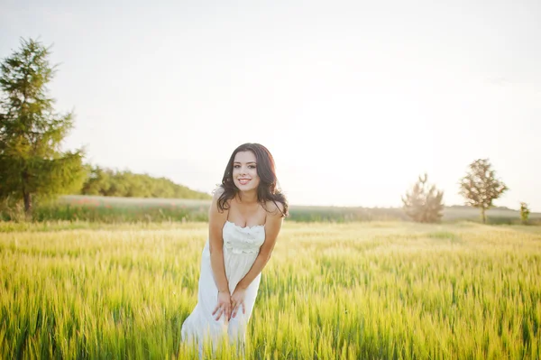 Zwangere prachtige brunette vrouw op het veld met tarwe en pop — Stockfoto