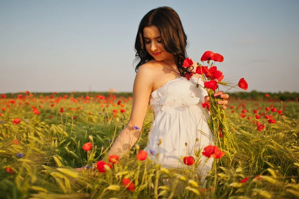 Buğday ve pop ile sahada hamile güzel esmer kadın — Stok fotoğraf