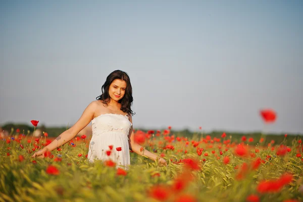 Grávida linda mulher morena no campo com trigo e pop — Fotografia de Stock