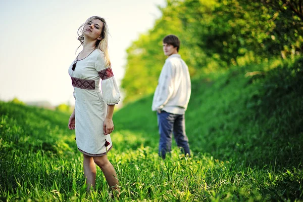 Romantic couple on traditional dress — Stock Photo, Image