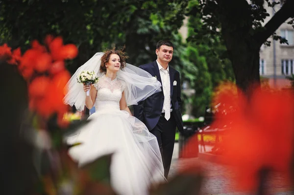 Wedding couple at flowers — 图库照片