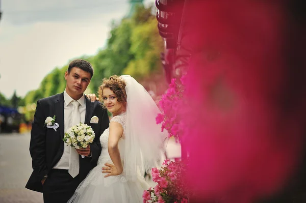 Wedding couple at flowers — Φωτογραφία Αρχείου