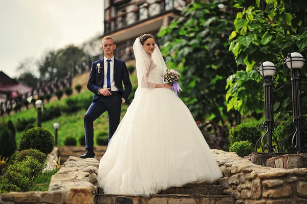 Young happy wedding couple at the nice nature — Stockfoto