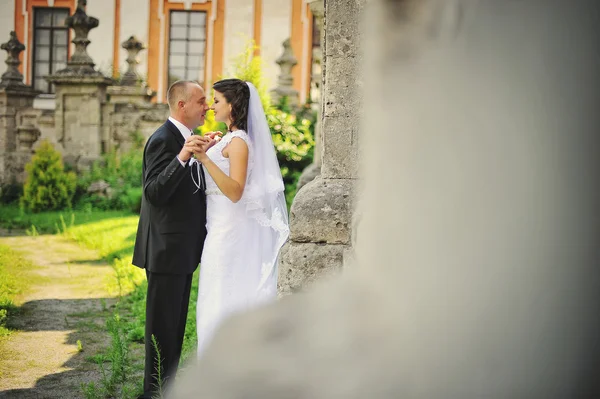 Wedding  adult couple in the courtyard of castle — Stock Photo, Image