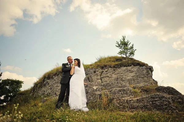 Wedding  adult couple background the rock and cloudy sky — Zdjęcie stockowe