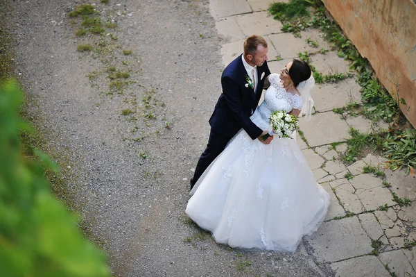 Brudgummen omfamnade hustru — Stockfoto