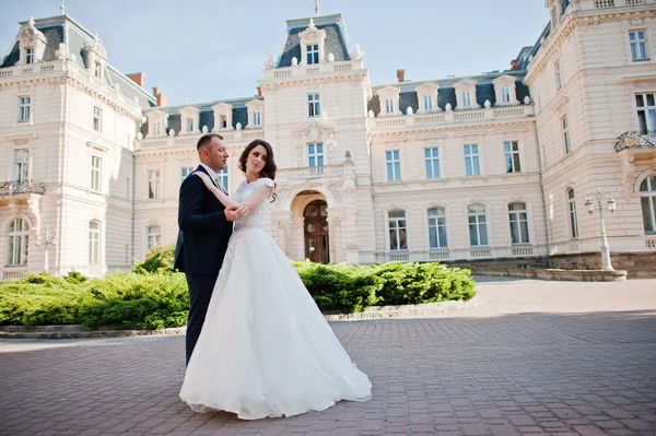 Wedding couple on background of great historical palace — Stock Photo, Image