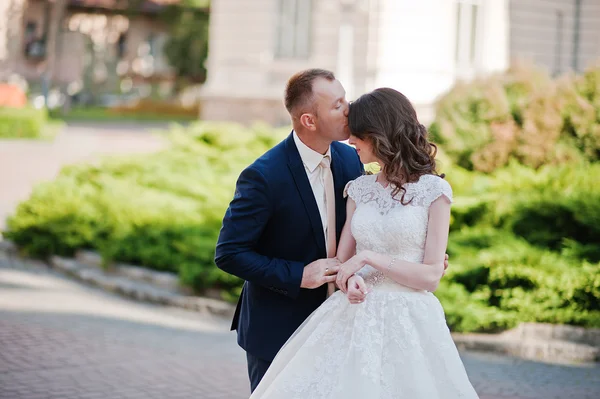 Casamento casal no fundo do grande palácio histórico — Fotografia de Stock