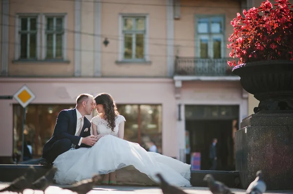 Ślub para siedzi na tle starego miasta — Zdjęcie stockowe