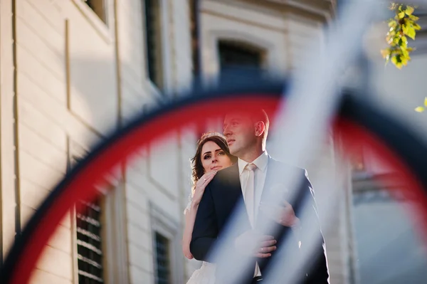 Boda pareja vista de rueda bicicleta —  Fotos de Stock