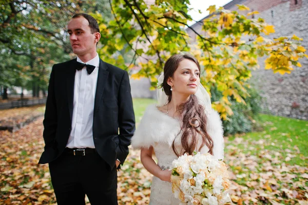 Just married in autumn park — Stock Photo, Image