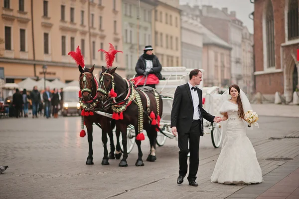 Junge elegante und herzliche Hochzeitspaar verliebt auf den Straßen von kr — Stockfoto