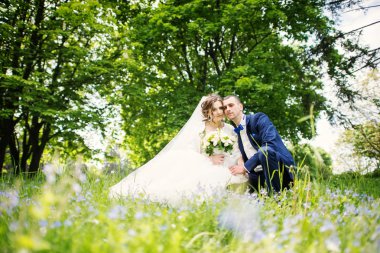 Genç güzel ve parkta yürüyüş çarklı Düğün çifti