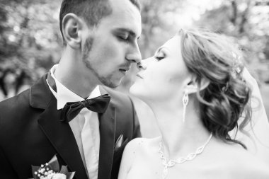 Genç güzel ve parkta yürüyüş çarklı Düğün çifti