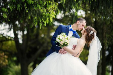 Genç güzel ve parkta yürüyüş çarklı Düğün çifti