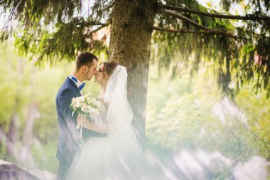 Genç güzel ve parkta yürüyüş çarklı Düğün çifti