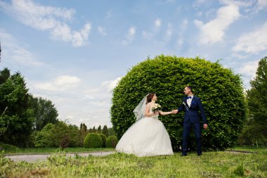 Genç güzel ve parkta yürüyüş çarklı Düğün çifti