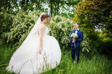 Genç güzel ve parkta yürüyüş çarklı Düğün çifti