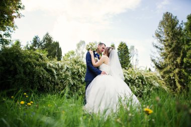 Genç güzel ve parkta yürüyüş çarklı Düğün çifti