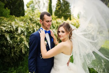 Genç güzel ve parkta yürüyüş çarklı Düğün çifti