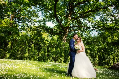 Genç güzel ve parkta yürüyüş çarklı Düğün çifti