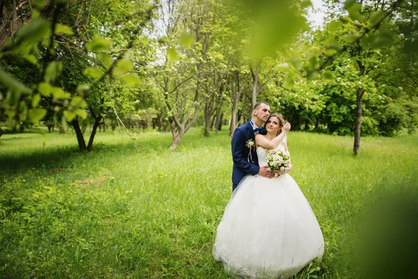 Junges schönes und fröhliches Hochzeitspaar spaziert durch den Park — Stockfoto